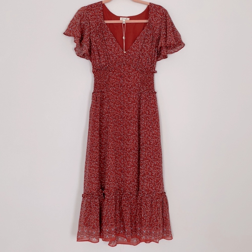 $128 Max Studio Boho Terracotta Red Orange Blue Floral MIDI Dress Flutter Sleeve
